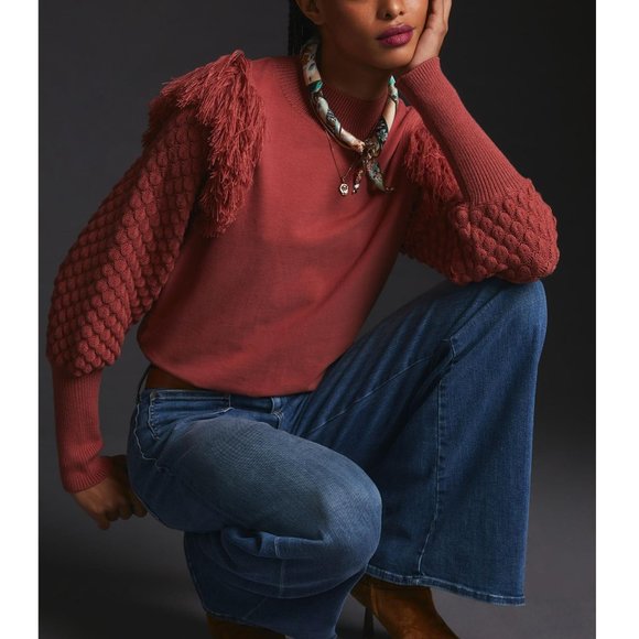 Anthropologie DOLAN Fringed Sweater Cocoa Red Brown Large - Picture 10 of 10